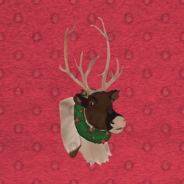 Festive Christmas Reindeer with Wreath and Pine Cones and Holly Berries by Craneibou